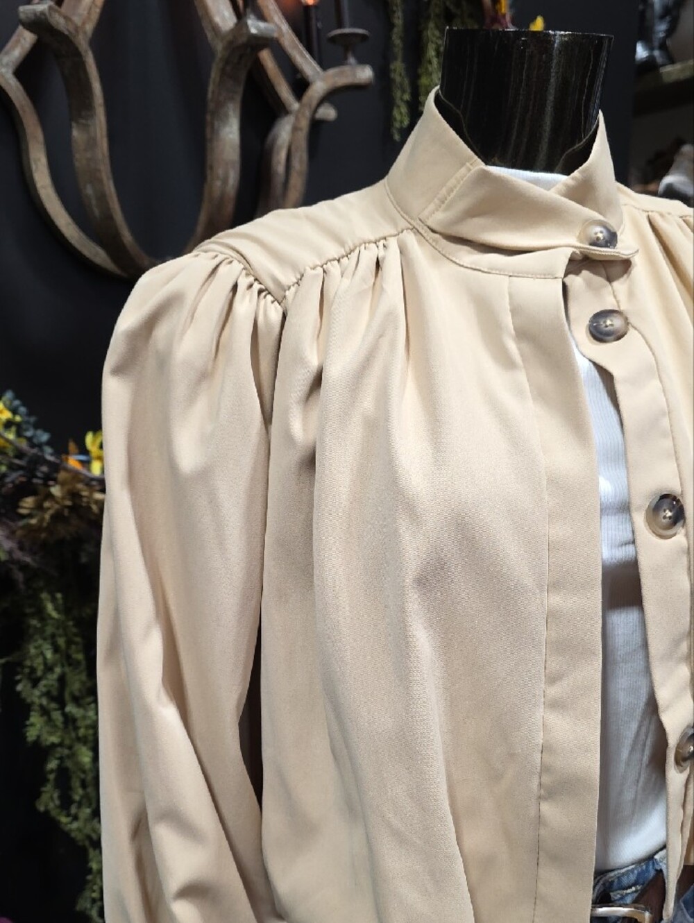 Light Tan Button Front High Neck Bubble Bottom Jacket / Blouse - Picture 5 of 11